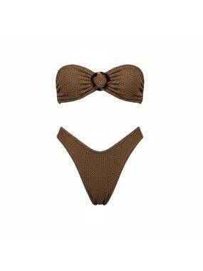 Hunza G Brown Textured Bandeau Bikini Set With Decorative Ring Detail ONE SIZE